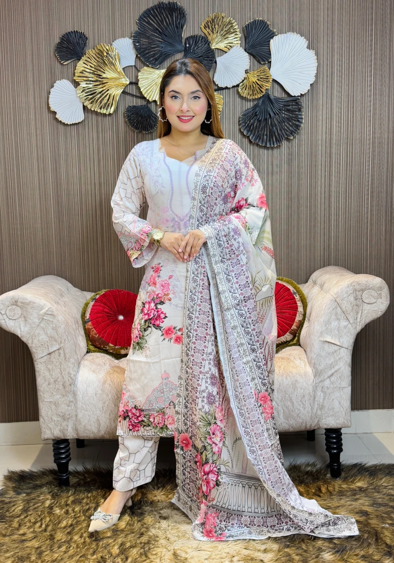 হোয়াইট প্রিমিয়াম কটন থ্রি-পিস - লাইট পিংক প্রিন্টেড সালোয়ার (গরমে আরামদায়ক)