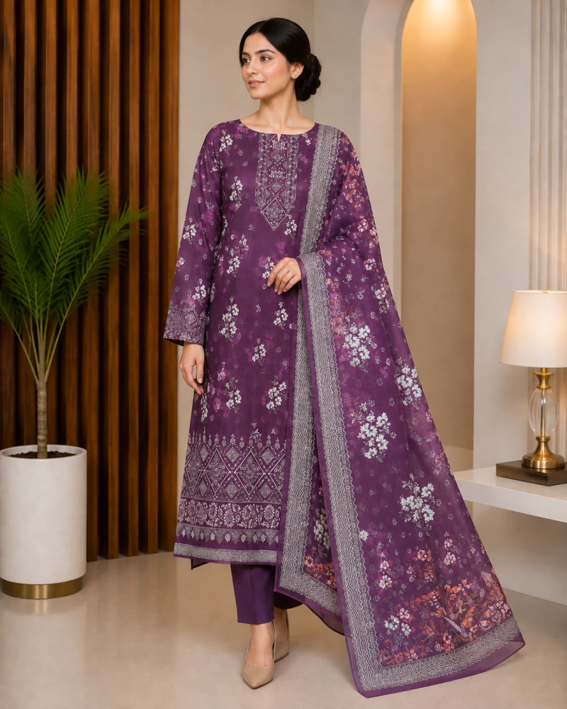 Premium Digital Print Cotton Three Piece – Purple Collection | Bushra Shop