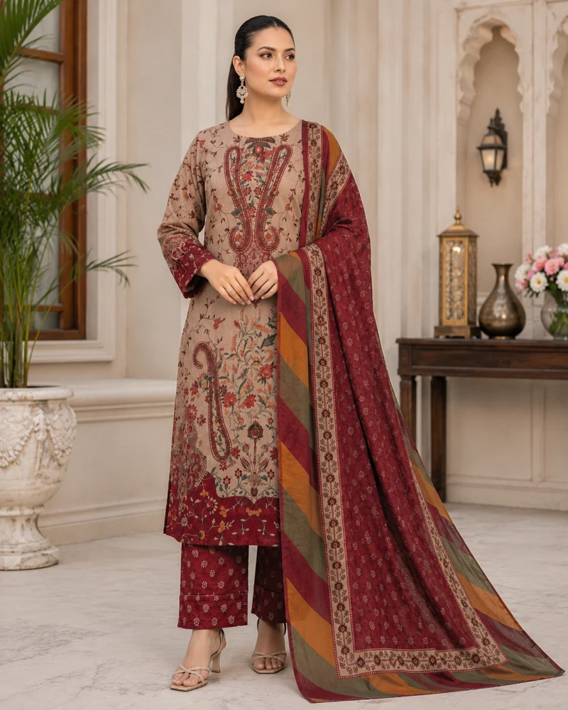 Premium Digital Print Cotton Viral Three Piece – Biscuit & Maroon | Bushra Shop