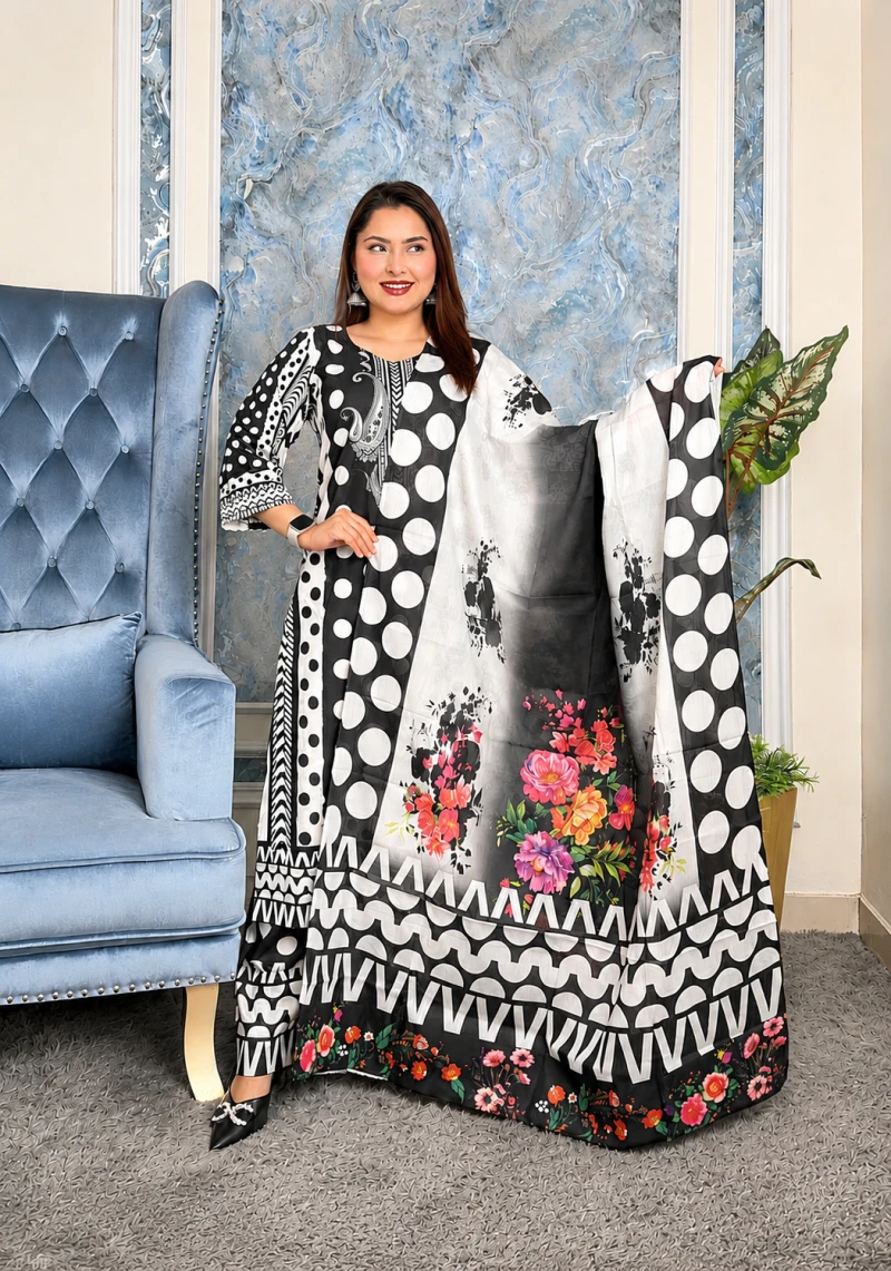 Premium Black Digital Print Cotton Three Piece – Printed Salwar | Bushra Shop