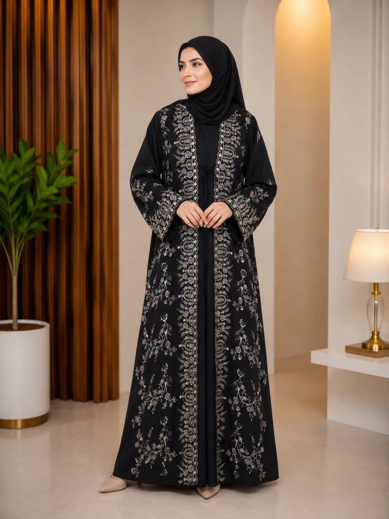 Premium Cherry Fabric Embroidery Borqa with Zari Work & Hijabi Orna | Bushra Shop