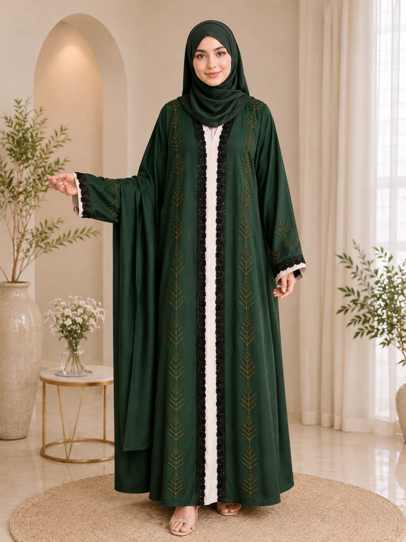 Premium Zafran Fabric Designing Borqa – Sea Green & Off White | Bushra Shop